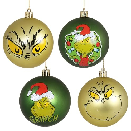 Grinch Set di palline di Natale, infrangibili, decorazioni natalizie, plastica 8 cm, 4 pezzi (H)