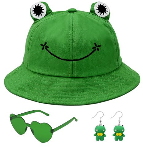 Crunier 3 Stück Frosch Mützen, Grüner Faltbarer Fischerhut Für Erwachsene | Frosch Ohrringe Und Grüne Herzbrille, Geeignet Für Karneval, Angeln Und Wandern