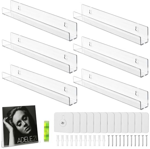6 Pcs Floating Shelves for Vinyl Record, 12×1.7in, Self-Adhesive No Drill | Vinyl Wall Mount Clear, Room Decor Shelf for Record/Book/Photo/Picture/Makeup Display in Bedroom, Living Room, Bathroom