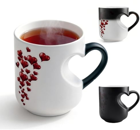 Heart-Shaped Color-Changing Ceramic Mug, Heat Sensitive Magic Color Changing Coffee Mug with Red Heart Design, Valentine Themed Heart Shaped Handle Ceramic Coffee Cup, Romantic Gifts for Couples