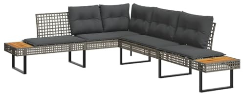 SKTQYQO L-Sofa aus Polyrattan, grau, mit Kissen und 2 Akazien-Tischen