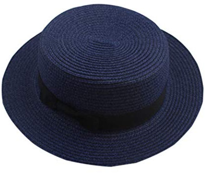 Elonglin - Sombrero de paja plano para mujer, para la playa, transpirable, secado rápido, para vacaciones azul marino Small