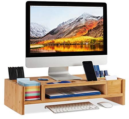 relaxdays moniteur, Support d’écran bambou, 14 compartiments, Rehausseur ergonomique, HLP 15x65x28cm, naturel, 15 x 65 x 28 cm
