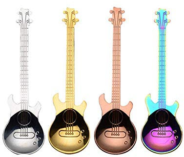 HMILYDYK Lot de 4 cuillères à café colorées en forme de guitare en acier inoxydable