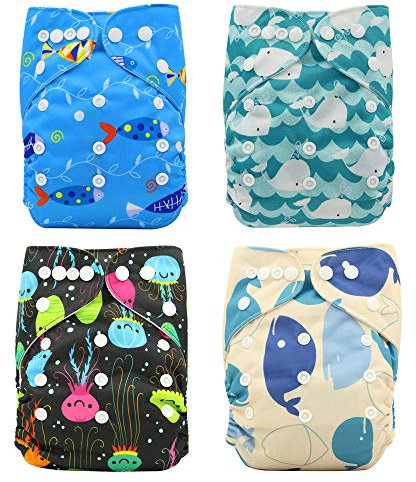 Waschbar Windel Babywindeln Stoffwindeln Schließungt wiederverwendbar, inkl. 4 Einlagen, 4 Stück (4PC03)