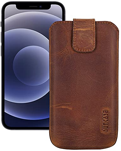 Suncase ECHT Leder Tasche kompatibel mit iPhone 12 (6.1) mit ZUSÄTZLICHER Transparent Hülle | Schale | Silikon Bumper Handytasche (mit Rückzugsfunktion und Magnetverschluss) in antik Coffee