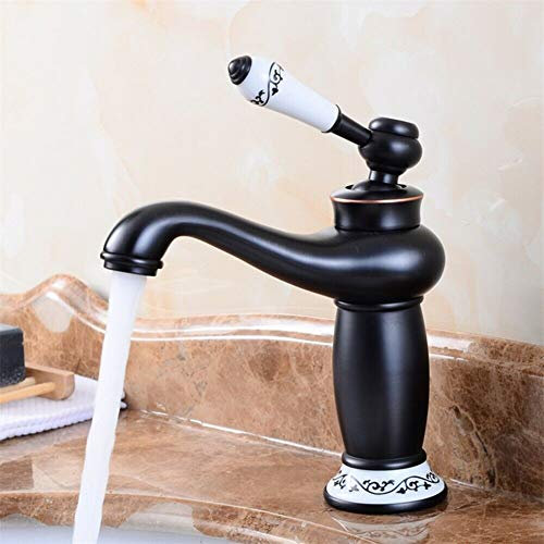 Grifo Lavabo Vintage de Cuenca Individual de Control de de Agua Caliente Fría Rústico Baño Grifo Lavabo Antiguo Cerámica Floral con Mezclador Monomando para Lavabo de Cocina (Negro)