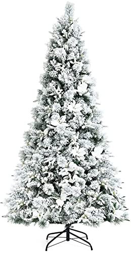7 Fuß Weihnachtsbaum, 7 Fuß Schneebeflockte Aufklappbare Weihnachtsbäume Bleistift Weihnachtsbaum mit Beeren Weihnachtsstern Blumen,7ft