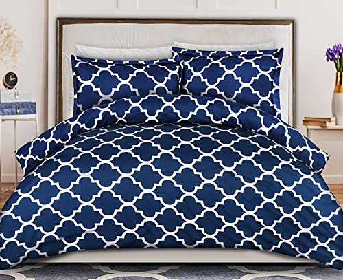 ComfyWell Double Duvet Set - Printed Duvet Cover Sets Quilt Cover Double Size Bed with 2 Pillowcases Zipper Closure-Ultra Soft Brushed Microfiber. Navy Blue (Double(200x200cm), Navy Blue)