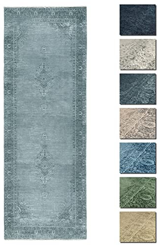 TESSO LIVING Kelim Vintage Teppich Wohnzimmer Silber 80 X 195 cm - Moderner Kurzflor Teppich - Super Soft