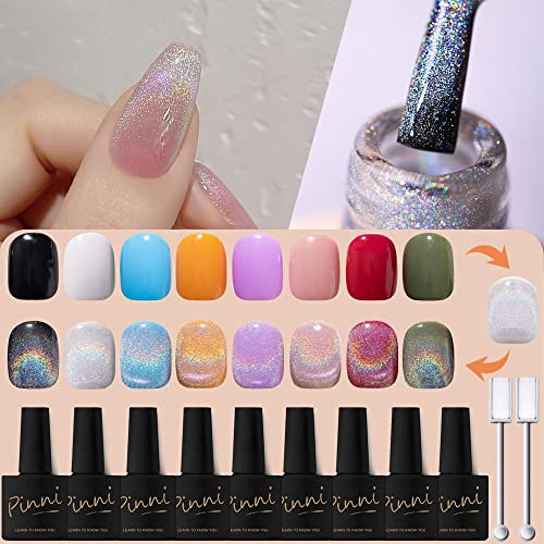 Universal Rainbow Cat Eye Gel Nail Polish 9D Holographic Reflective Glitter Gel Nail Polish Magnetic Led UV Gel Polish Laser Diamond Cat Eye Nail Polish with 2 Magnetic Stick