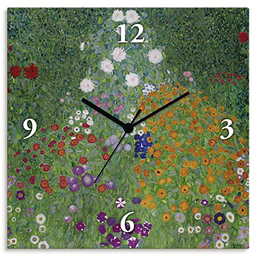 ARTLAND Wanddeko Wanduhr ohne Tickgeräusche Leinwand Quarzkuhr 30x30 cm Quadratisch Lautlos Bauerngarten Gustav Klimt alte Meister T7VA