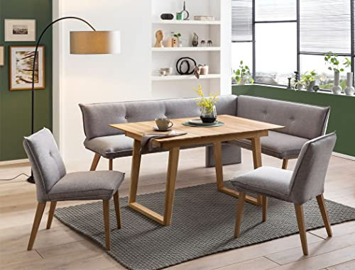 expendio Tischgruppe Esstisch Remo 1XL 130(180) x90 cm Eiche Natur massiv + 1x Eckbank + 2X Stuhl Gerit 1 Bezug Loco Shark Skin, kurzer Schenkel bei Eckbank:rechts