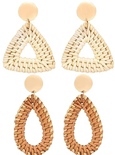 2 Paare Rattan -Ohrringe Für Frauen Leicht Geometrische Dangle Ohrringe Handgefertigtes Stroh Weidengeflecht Teardrop Hoop Drop Ohrringe