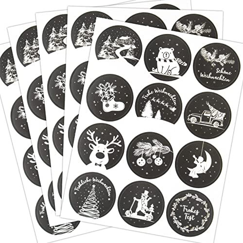 COLOFALLA 60 Stück Weihnachtssticker Rund 4cm Aufkleber Weihnachten Kinder auf Deutsch Geschenkaufkleber Etiketten Selbstklebend Weihnachtsaufkleber Sticker zum DIY Geschenke Basteln