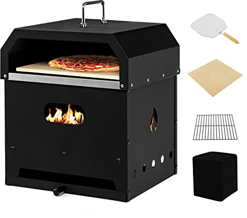 COSTWAY Horno de Pizza Exterior 4 en 1, Horno Desmontable de 2 Niveles para Asar y Cocinar Pizza con Piedra para Pizza, Pala, Parrilla para Barbacoa, Cubierta Impermeable