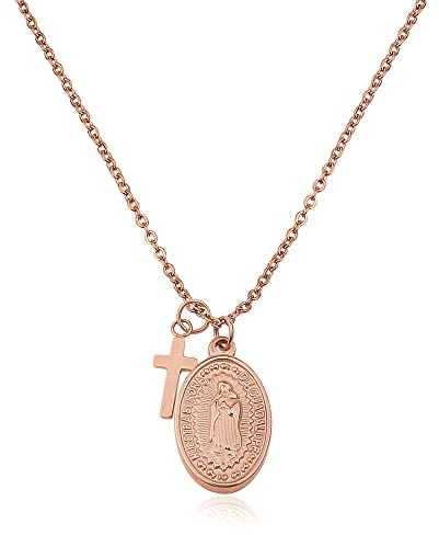 GD GOOD.designs Maria Kette in Roségold für Damen - Wasserfest - Madonna Halskette mit kleinem Kreuz Anhänger aus Edelstahl I Größenverstellbar 40+5cm