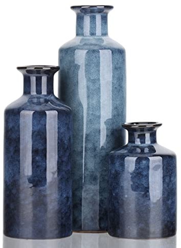 Blaues Keramikvasen-Set – 3 Blaue kleine Vasen, Bauernhaus-Landhaus-Vasen, Heimdekoration, Wohnzimmerdekoration, Tischdekoration, Kamindekoration und Eingangsdekoration
