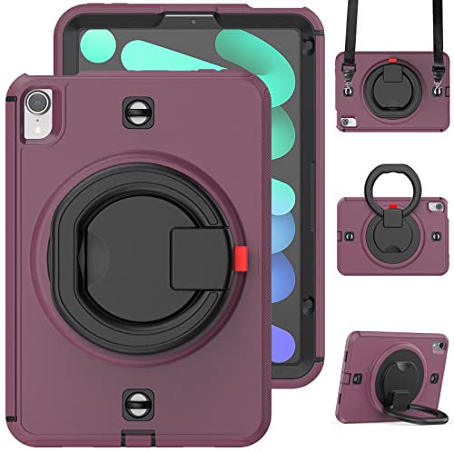 V-MOTA 8.3 Inch Flat Protect Compatible with New iPad Mini 6 (2021 Model), Rugged Heavy Duty Shockproof Rotatable Kickstand Bracelet Protective Cover (Deep Rose red)