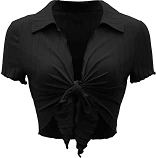 GORGLITTER Sexy Crop Top Damen Party Oberteil Mit Wellensaum Rippenstrick Crop Top Bauchfreies Oberteil Mit Knoten Vorne Schwarz S