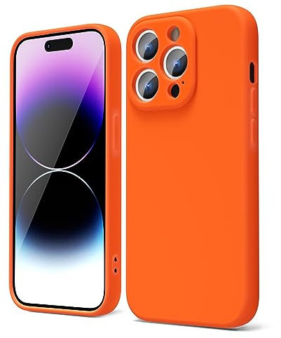 oakxco for iPhone 14 Pro Phone Case Liquid Silicone, Fluorescent Bright Solid Color, Cute Thin Slim Soft Rubber TPU Plain Smooth Gel Matte Protective Cover for Women Girl, Burnt Neon Orange