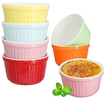 YBCPACK 200ml Ramekins Set of 6 - Colorful Porcelain Souffle Dish for Small Cakes, Creme Brulee,Pudding and Ice Cream,Also Great as Serving Dish for Sauces and Side Dishes