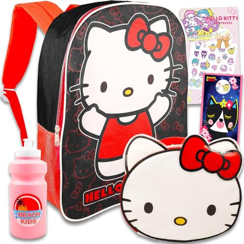 Hello Kitty Ensemble sac à dos et boîte à déjeuner - Ensemble avec sac à dos Hello Kitty - Sac à déjeuner, bouteille d'eau, autocollants, plus | Hello Kitty Sac à dos pour l'école