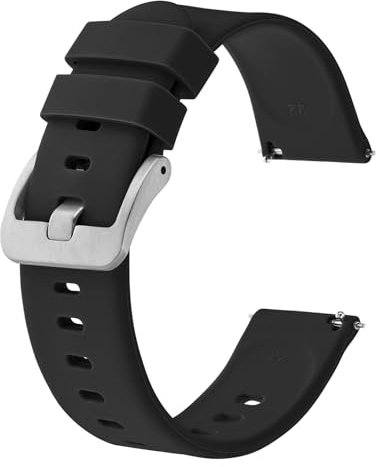 BISONSTRAP Bracelets de Montre en Silicone, Bracelets Minces à Dégagement Rapide, 16mm, Noir avec Boucle Argentée