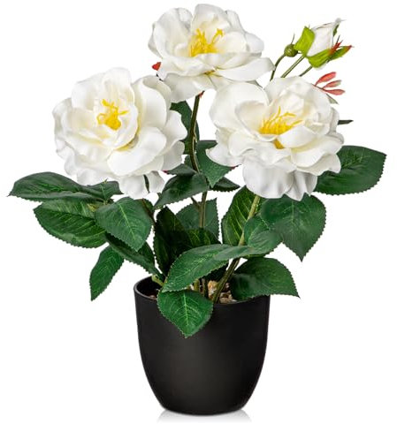 Künstliche Blumen Kunstrosen Kunstblumen Wie Echt Weiße Dekoblumen Rosenbusch Höhe 28 cm, im Topf Klein Frühlingsblumen Deko für Bad Büro Hotel Restaurant