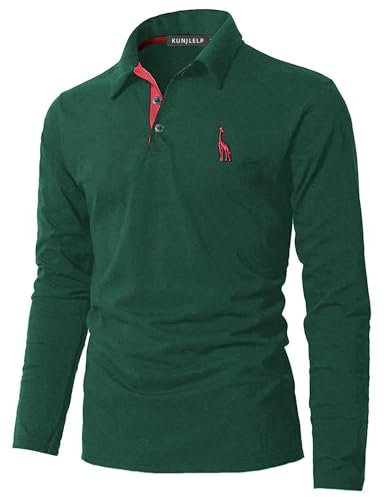 KUNJLELP Men's Regular-Fit Polo Shirt Long Sleeve Giraffe Embroidere Golf Polos 100% Cotton,Green+Red,XXL