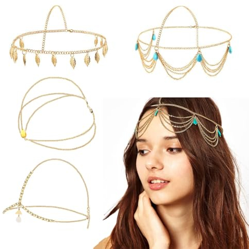 4 Stück Kopfkette Gold Damen, FUKPO Boho Kopfkette Gold Hippie Orientalisch Kopfschmuck Gold Sonne, Goldene Kopfkette Haarkette Hochzeit Braut Haarschmuck Quasten Stirnband Haarband Festival Mädchen