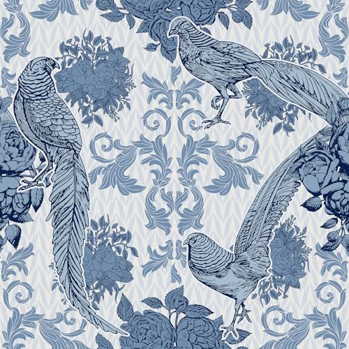 VaryStyle Antique Birds Floral Peel and Stick Wallpaper Boho Vintage Navy Blue Pheasant Floral Wallpaper for Bathroom Bedroom 17.7x118 Removable Self Adhesive Boho Contact Paper for Cabinets Walls