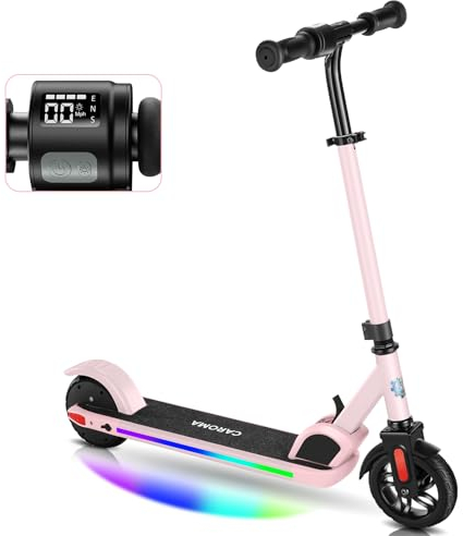 Caroma Elektroroller für Kinder von 8-12 Jahren, 150W Motor, 17 km/h, 80 min Fahrzeit, Einstellbare Geschwindigkeit & Höhe, Bunte Lichter, LED Display, Faltbarer Kinder Elektroscooter(Rosa)