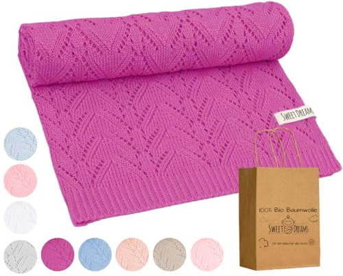 Mikos* 100% Bio-Baumwoll Leichte Babydecke - Ajourmuster - Perfekt für Sommer & Frühling - Strickdecke für Babys, Kinder und Neugeborene Hypoallergen 80x100cm (28) (Fuchsja)