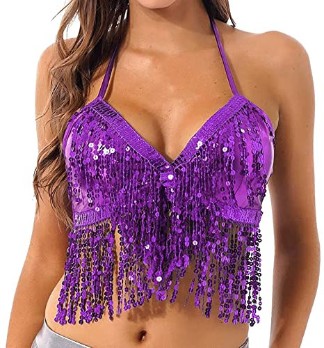 Top Scollo da donna danza del ventre paillettes reggiseno nappa abbigliamento collo top yoga due pezzi donna, Lilla, Taglia unica
