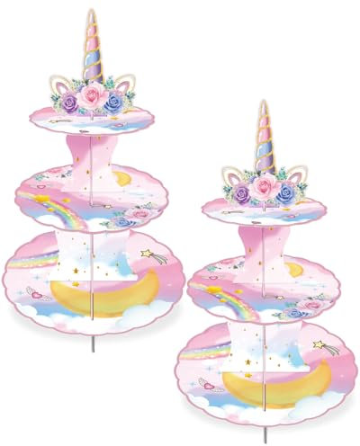 2 Pack Unicorn Cupcake Stands Birthday Decorations: 3-Tier Unicorn and Rainbow Theme Party Supplies Cake Stand Toppers for Girls Kids - Suitable for 48pcs Cupcakes Pink Table Decorations