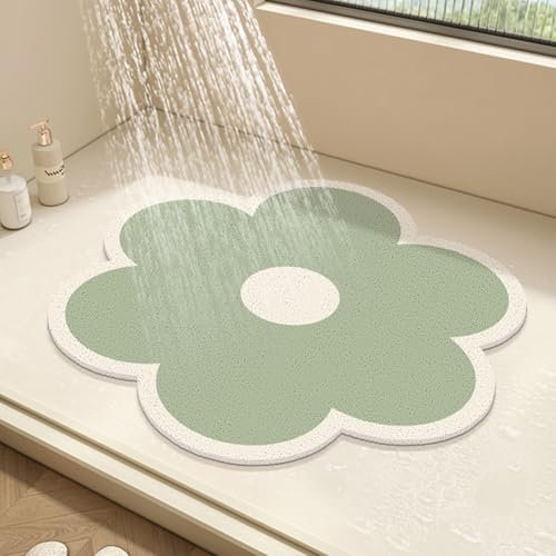 Alfombrilla de ducha redonda con diseño de flores para ducha interior, alfombra de baño de lufa de PVC, antideslizante, alfombrilla de ducha antimoho con drenaje, secado rápido (verde, 50 x 50 cm)