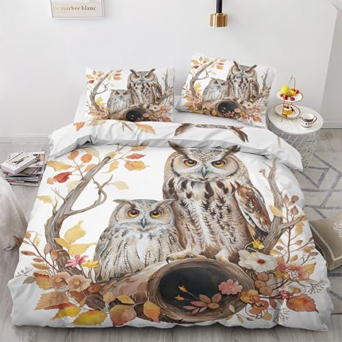 ZyxMehtic Eule im Herbst Bettwäsche 155x220 2teilig, Botanisch und Tier Bettwäsche-Set 155x220, Weich Mikrofaser Wende 1 Bettbezüge 155x220 und 1 Kissenbezug 80x80cm mit Reißverschluss