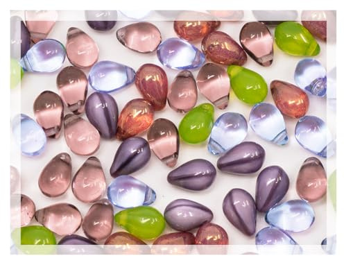 Czech 120-Piece (50g) Glass Beads Mix, 6x9mm, Teardrop Opal Green Silk Dirty Lavender Violet