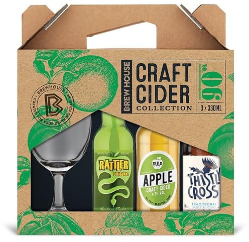Brewhouse Craft Cider Selection complete with Chalice Glass and 3x330ml Bottles. Premium British Cider Gift Set includes Rattler, Thistly Cross, and Pulp Cider. Perfect for Birthdays and Christmas