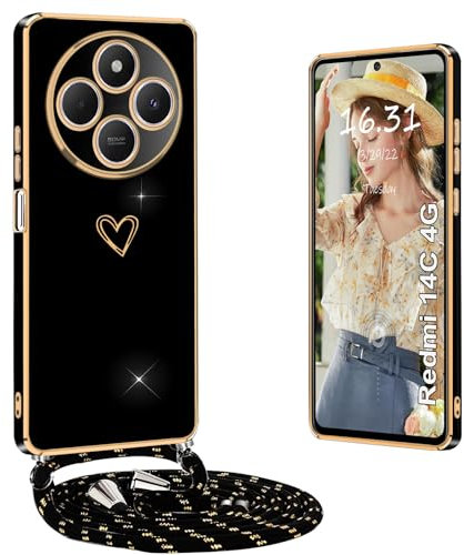 Funda para Xiaomi Redmi 14C 4G con correa y banda resistente al golpe con amor corazón galvanoplastia funda protectora negra