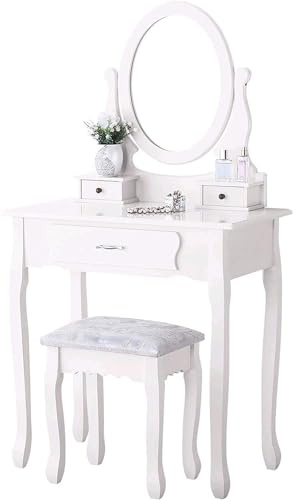 TEOSTWF Set da toeletta bianco, tavolo da trucco con specchio e sgabello (3 cassetti)