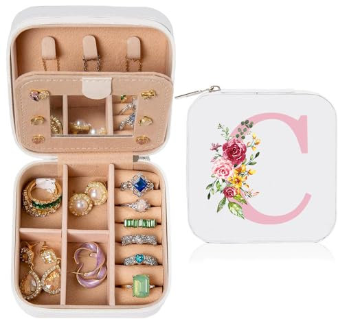 Geschenk für Frauen, Initiale Schmuckkästchen mit Blume und C, Kleine Schmuckkästchen, Reise Schmuckschatulle mit Spiegel für Damen Mädchen, Geschenk für Geburtstag Weihnachten Muttertag Hochzeit