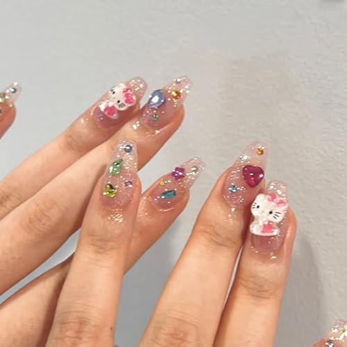 MouyouGlow Press on Nails Kurz,Ballerina Nude Glitzer 3D Rhinestones Kitty Cute Kawai Katze Anime Cartoon Herz Fake Nails mit Nagelkleber,Y2K Coquette Künstliche Fingernägel
