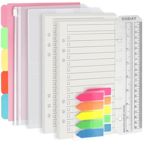 Harphia A5 6-Loch-Heftfüllsatz Wertpaket, 90 Blatt Papier mit Aufklebern und Trennern, Planer-Einsätze mit Heft-Taschen für A5 nachfüllbares Notizbuch - To-Do-Liste