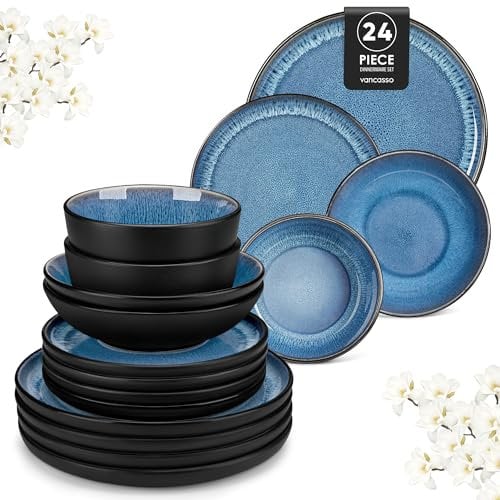 vancasso Série PLAYA Service de Table 6 Personnes, Vaisselle en Grès 24 Pièces - 6 Assiettes Plates, 6 Assiettes à Dessert, 6 Assiettes Creuses et 6 Bols - Adapté au Micro-Ondes, Glaçure Bleu