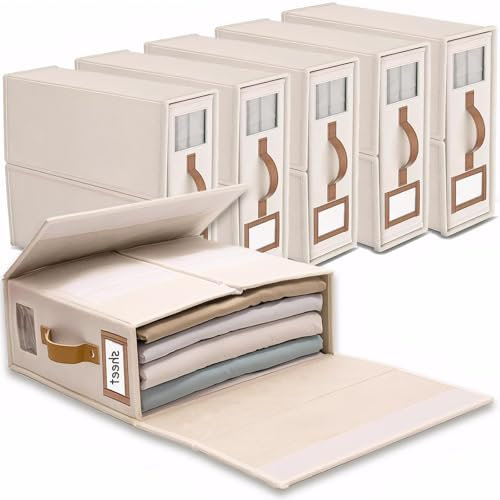 Linen Bed Sheet Organiser Box, 6 Faltbarer bettwäsche aufbewahrungbox mit Transparentem Fenster & Etikett, bettkasten aufbewahrungstasche für Bettwasche, Decken & Kleidung, Linen Beige
