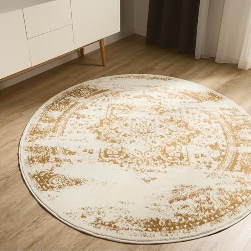 benuta Basic Teppich Suki - Creme/Gelb 160 cm rund - Kunstfaser - rund & im Style: Vintage, Orient Style - Pflegeleicht für Wohnzimmer Schlafzimmer