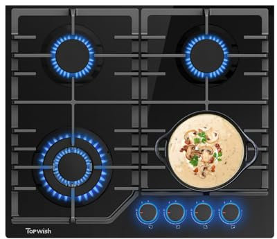 OPWISH Gaskochfeld 4 flammig, gaskochfeld, gasherd einbau 60cm, Gaskochfelder mit gusseisernen stützen, NG/LPG konvertierbar, flammabriss schutz, zündautomatik, 8000 Watt