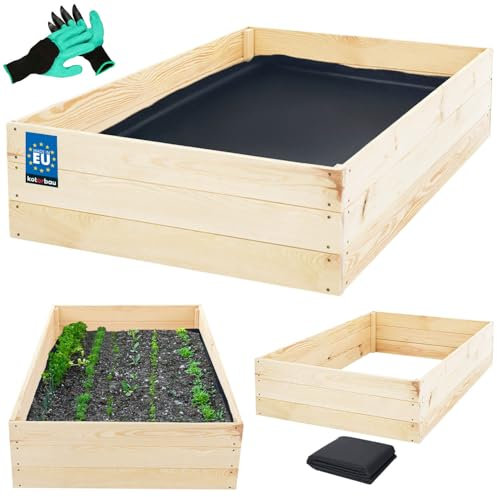 KOTARBAU® Tiefbeet Blumenkasten aus Holz 120x80x27cm Pflanzkästen Naturfarbe Hochbeet Kräuterbeete Pflanzkübel groß Anzuchtbeet Hochbeete für Garten Gemüsezucht Gemüsekiste + Handschuhe mit Krallen